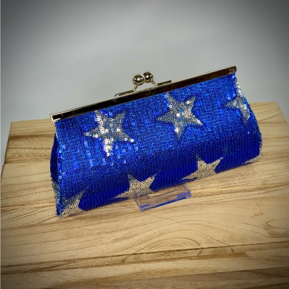 Handbags - SOLD Blue and Silver Star Sequin Kiss-Lock Clutch